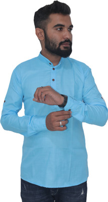 omkar Men Solid Straight Kurta(Light Blue)