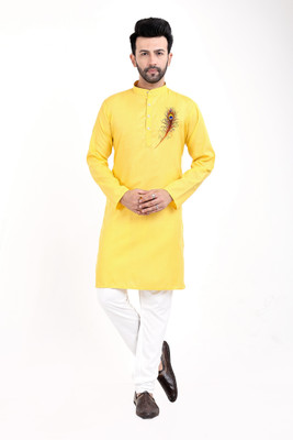 nightron Men Printed Straight Kurta(Yellow)