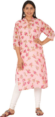 HUUHAMBAY Women Printed Flared Kurta(Pink)