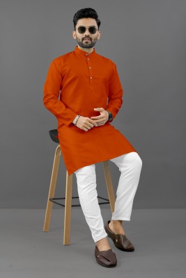 kanha creation Men Solid Straight Kurta(Orange)