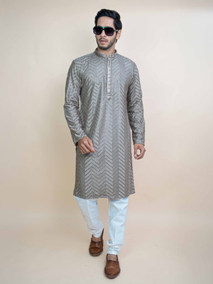 Radharaman Men Embellished A-line Kurta(Dark Blue)