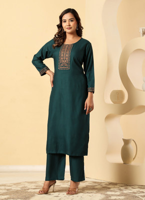 Sutkala Designs Women Embroidered Straight Kurta(Dark Green)