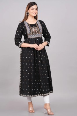 SHIN FASHION Women Printed Flared Kurta(Black)