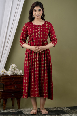 GUNINI Women Printed Anarkali Kurta(Red, Gold)