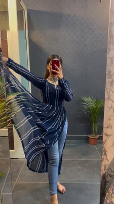 iEthniya Women Printed A-line Kurta(Dark Blue, White)