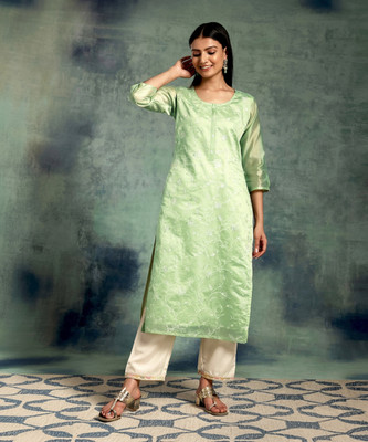 LIBAS Women Embroidered Straight Kurta(Green)