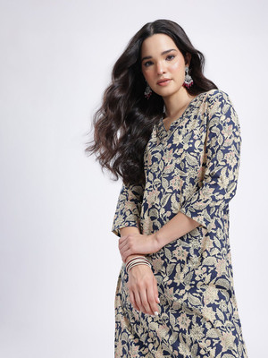 Anouk Rustic Women Printed Straight Kurta(Blue)