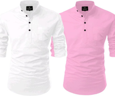 S KUADA Men Solid Straight Kurta(Pink, White)