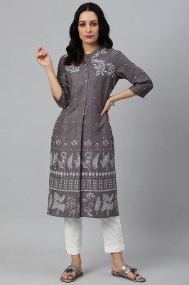 W Women Floral Print Straight Kurta(Grey)