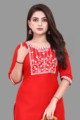 ANITA LYCRA Women Embroidered A-line Kurta(Red)