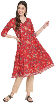 ALEXNCLEO Women Floral Print Anarkali Kurta(Red)