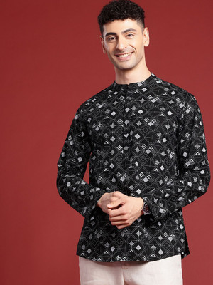 ANOUK Men Geometric Print Straight Kurta(Black)