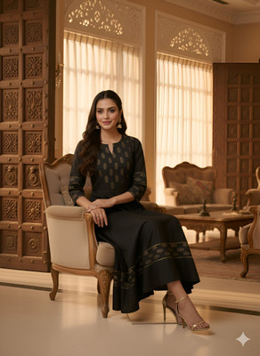 AKIKO Women Floral Print Anarkali Kurta(Black)