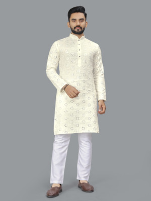 ZINKU FASHION Men Embroidered A-line Kurta(White)