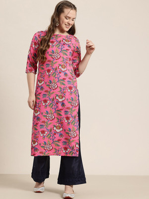 HERE&NOW Women Floral Print Straight Kurta(Pink)