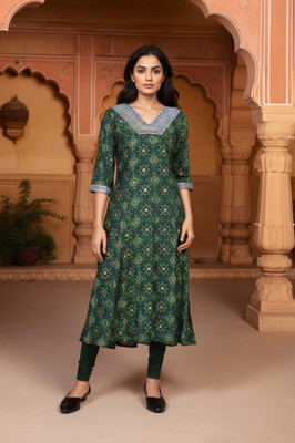 Aurelia Women Abstract A-line Kurta(Green)