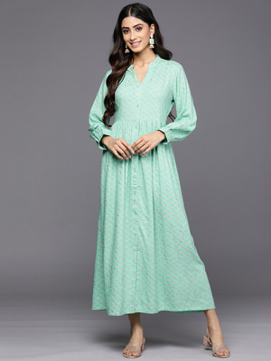 LIBAS Women Printed Flared Kurta(Green)