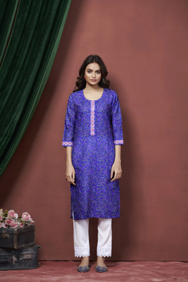 tckty Women Printed Straight Kurta(Blue)