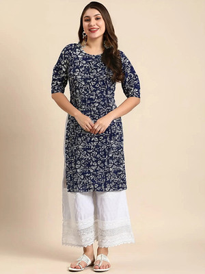 SZN Women Printed A-line Kurta(Dark Blue, White)