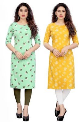 MDR FASHION Women Printed Straight Kurta(Green, Yellow)