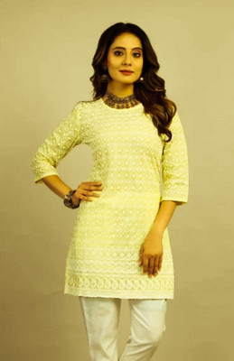 Banaras silk palace Women Embroidered A-line Kurta(Yellow, White)