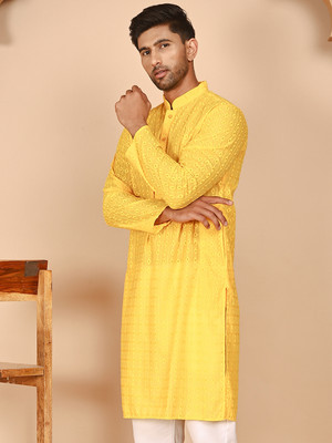 ANOUK Men Embroidered Straight Kurta(Yellow)