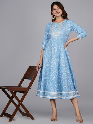 Moda Rapido Women Printed Flared Kurta(Blue)
