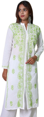 INDICRAFT Women Chikan Embroidery Frontslit Kurta(White, Green)