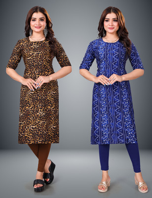 MOBHISA Women Printed Straight Kurta(Dark Blue)