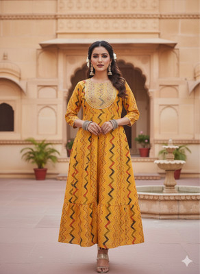 Kisu Women Ikat Flared Kurta(Yellow)