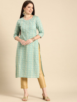 ANOUK Women Embroidered Straight Kurta(Blue)