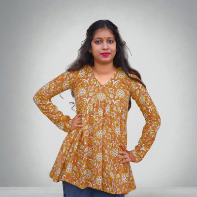REEMO Women Printed Flared Kurta(Yellow)