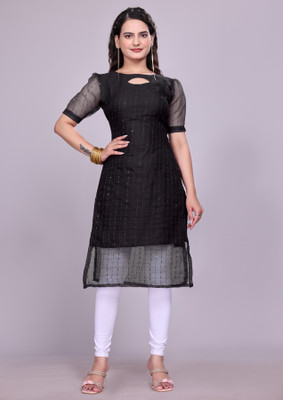 DHAAGA Women Embroidered A-line Kurta(Black)