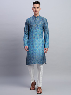 rutva Men Printed Straight Kurta(Blue)