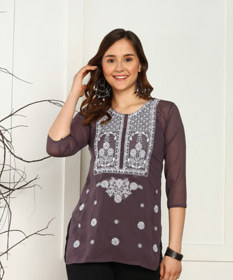 TOP N THREAD Women Chikan Embroidery, Embroidered, Self Design Straight Kurta(Grey)