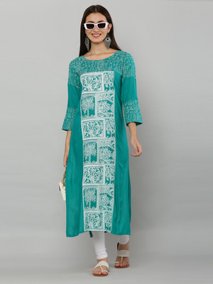 PSMAAG Women Block Print Flared Kurta(Green)