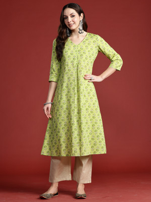 Indo Era Women Printed A-line Kurta(Green)