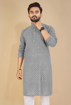 ORIFAB Men Embroidered Straight Kurta(Grey)