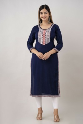 HouseOfCommon Women Embroidered Straight Kurta(Blue)