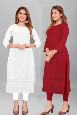 KAYRAAH Women Chikan Embroidery Straight Kurta(Red, White)