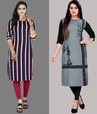 Hiral Creation Women Striped, Printed A-line Kurta(Grey, Purple)