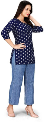 Antraa creation Women Printed Flared Kurta(Blue)
