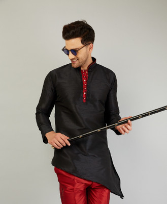 LEMONX Men Solid Asymmetric Kurta(Black)
