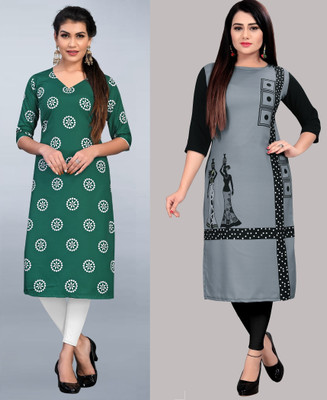 Hiral Creation Women Floral Print Straight Kurta(Pink, Green)