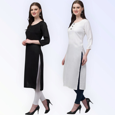 Coft Women Solid Straight Kurta(Black, White)