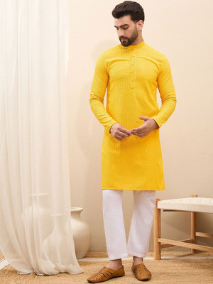House of Pataudi Men Embroidered Straight Kurta(Yellow)