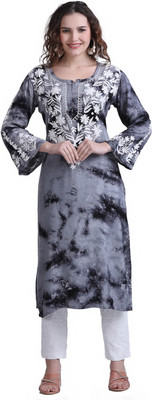 FAWOMENT Women Chikan Embroidery, Embroidered Straight Kurta(Grey)