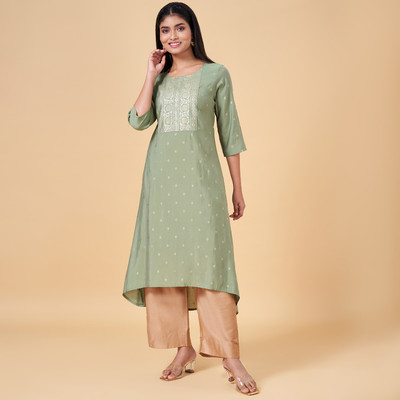 Rangmanch by Pantaloons Women Printed Asymmetric Kurta(Green)
