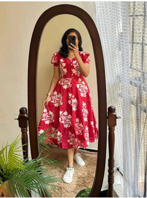 SHREE SHYAM FASHION Women Tiered Red Midi/Calf Length Dress