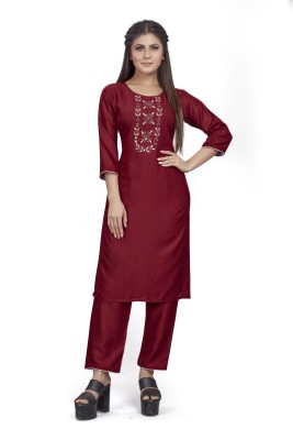 AANJANEY ENTERPRISE Women Embroidered Straight Kurta(Maroon)